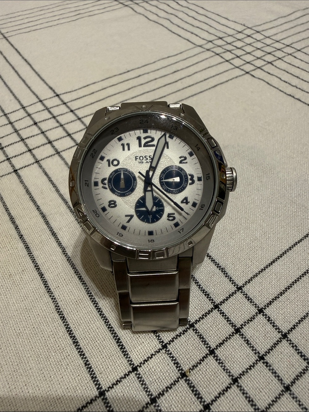 Fossil Silver Watch with White Dial and Blue Subdials